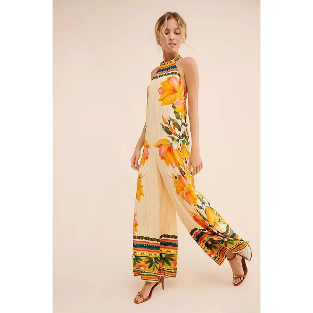 Farm Rio Tropical Floral Wide Leg Halter Jumpsuit Sz L Yellow Boho Anthropologie